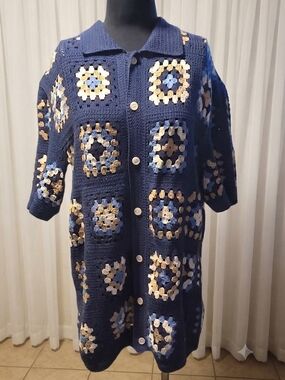 Massive Luxury Edition Vintage Style Blue Granny Square Crochet Cardigan/Polo.